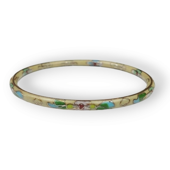 Vintage Cloisonne Bangle Bracelet Floral Cherry Blossom Multicolor Enamel Brass - Picture 2 of 6